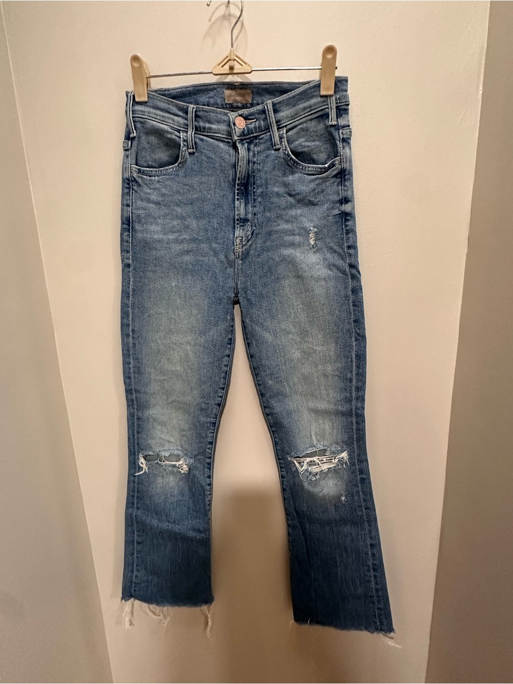 MOTHER Distressed Mid Blue The Hustler Ankle Fray Understudy Jeans